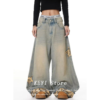 American Retro Y2K Style Star Patchwork Baggy Women's Jeans Pants  Clothing Washed Blue Wide Leg Loose Denim Trousers