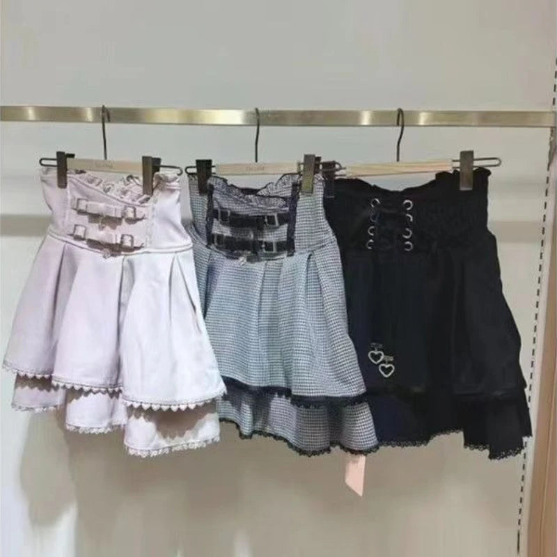 Sweet Lolita Jirai Kei High Waist Skort - Double Bow Buckle Short Skirt for Women Japanese Y2K Kawaii Fashion Summer Casual