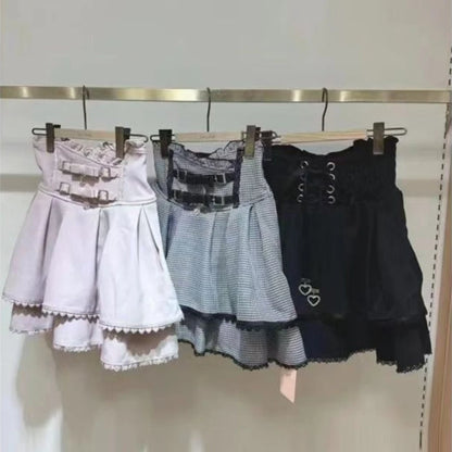 Sweet Lolita Jirai Kei High Waist Skort - Double Bow Buckle Short Skirt for Women Japanese Y2K Kawaii Fashion Summer Casual