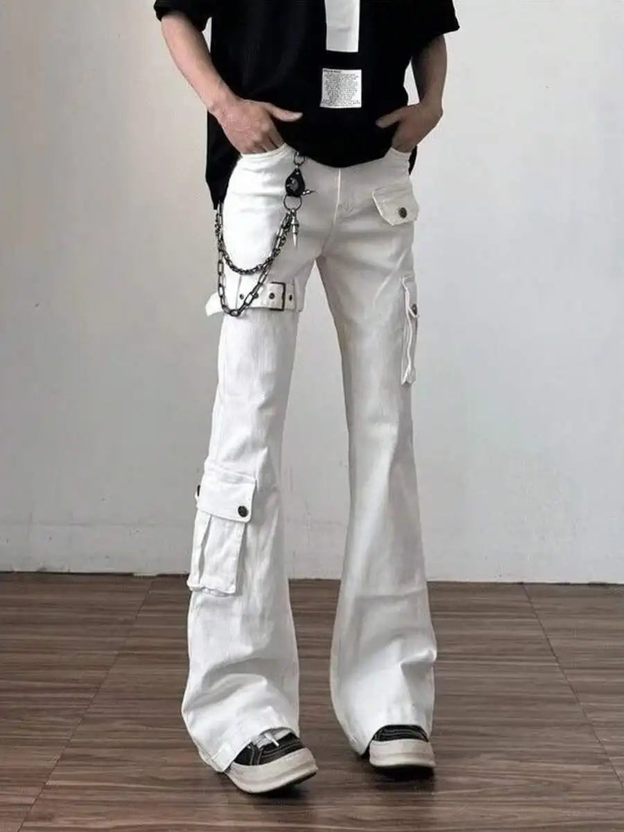 Mens White Cargo Jeans High Waist Wide Leg Flared Work Pants Casual Denim