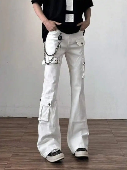 Mens White Cargo Jeans High Waist Wide Leg Flared Work Pants Casual Denim