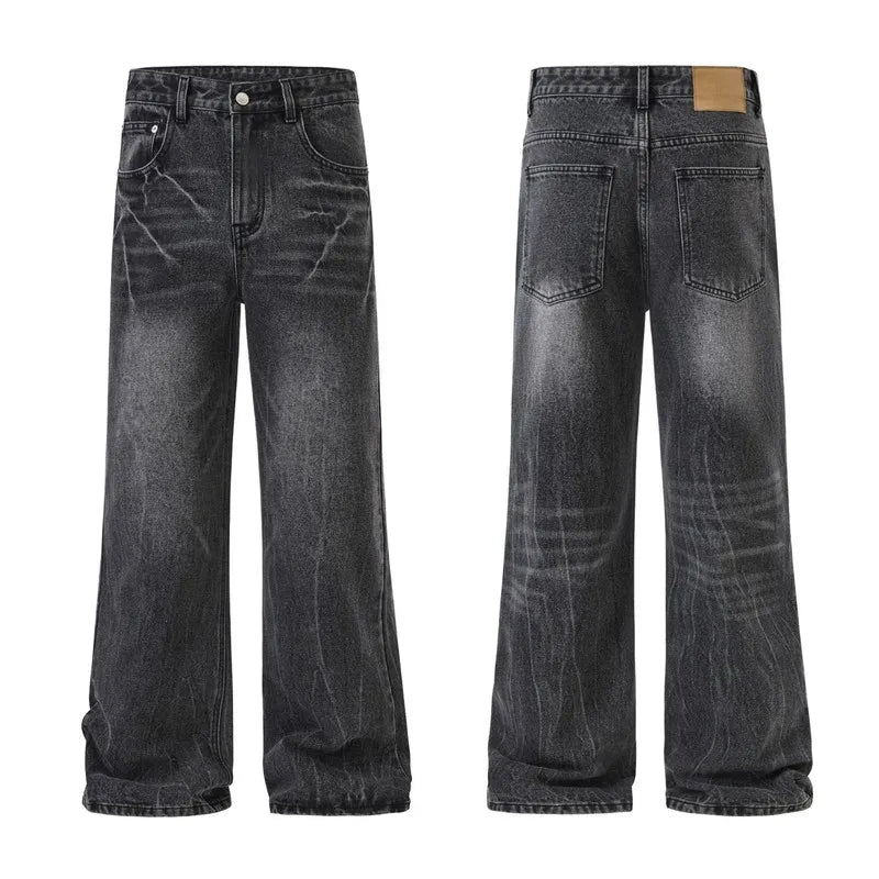 QICHE Men Lightning Crack Wash Flare Jeans American Vintage Loose Trendy Designer Denim Trousers