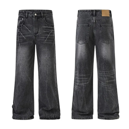 QICHE Men Lightning Crack Wash Flare Jeans American Vintage Loose Trendy Designer Denim Trousers