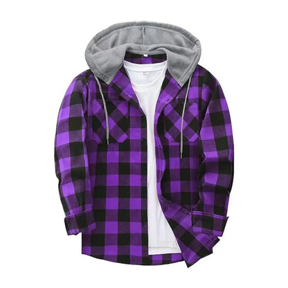 2026 Men's Flannel Shirt Jackets Classic Plaid Loose Casual Hooded Coats Double Pockets Button-up