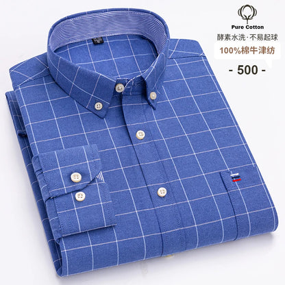 Men's Social Shirts Long Sleeve 100%Pure Cotton Oxford Buttoned Plaid Formal Male Casual Clothes Oversized Shirt Plus Size S-7XL
