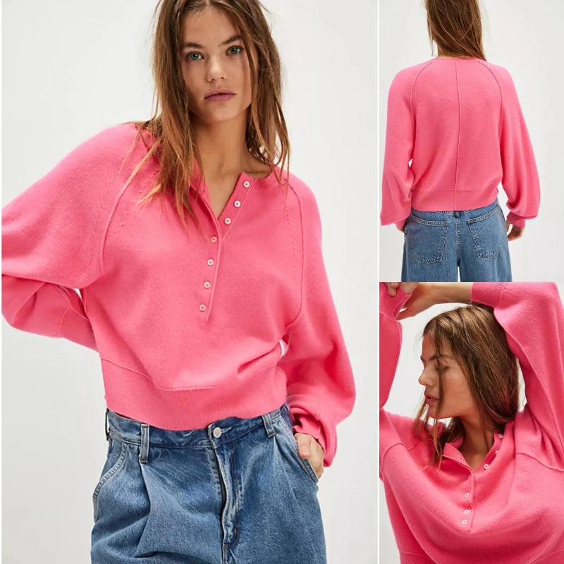 Women's Long-Sleeve Knitted Sweater, Half-Button Design, Henley Collar, Casual Style, lightweight Material, Solid Color Pullover Knitwear.