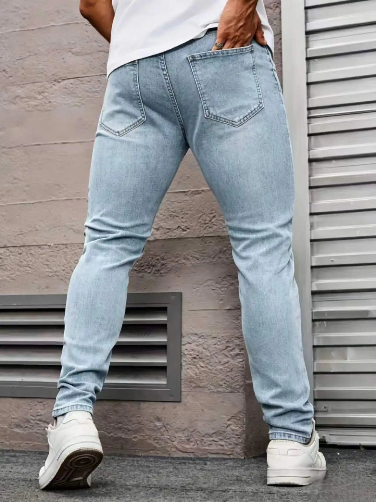 Men's Slim Fit Light Blue Jeans, Ripped Stretch Denim Pants, Casual Straight Leg Washed Jeans,