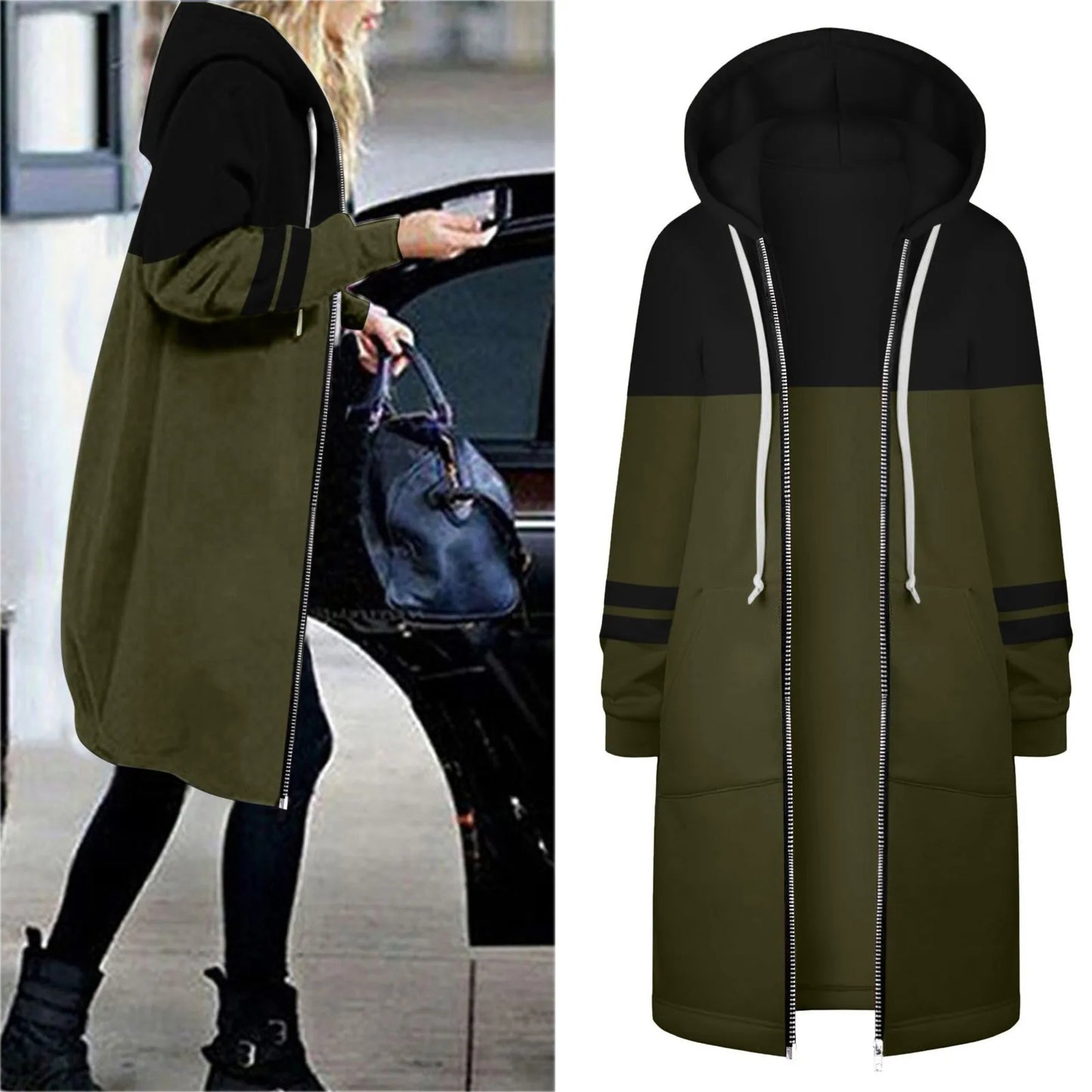 Women's Warm Zipper Long Outwears Solid Color Loose Fit Drawstring Sweatshirt Coat for Women