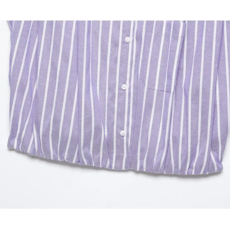 Women's Striped Short Shirts New 2026 Spring Summer Women Simple Sleeveless Puffed Hem Shirts & Blouses Female Chic Tops