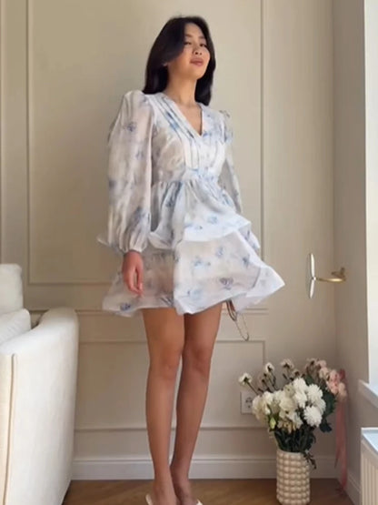 Elegant Printed Mini Dresses Women Chic Waist-cinching V-neck Puff Long Sleeve Aline Dress Fashion New Holiday Robes Summer 2026