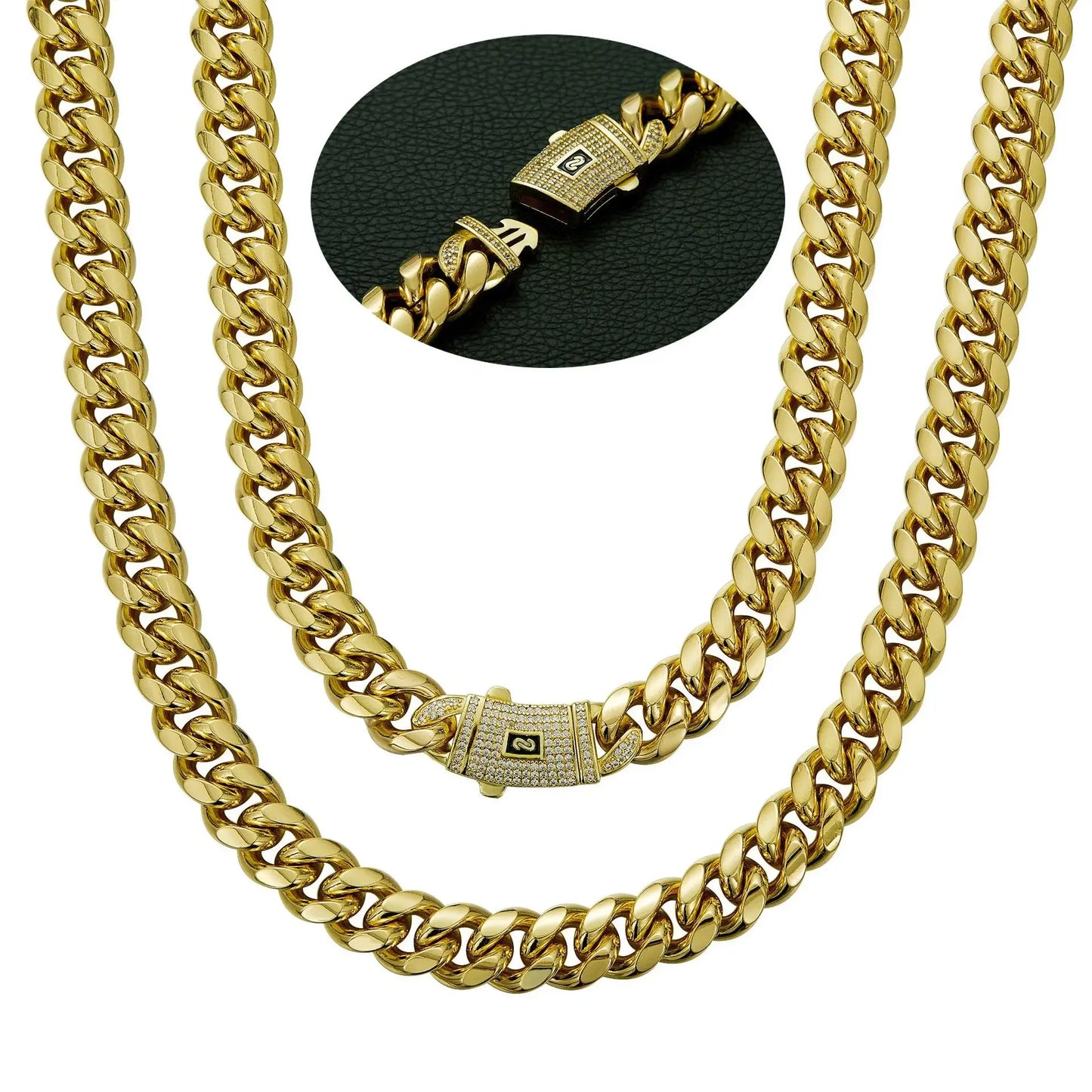 6-14mm Bling Gold Color Stainless Steel Cuban Miami Chains Necklaces CZ Zircon Box Lock Link Chain for Men Hip Hop Rock jewelry