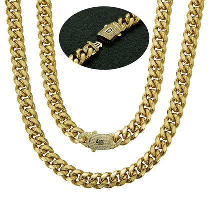 6-14mm Bling Gold Color Stainless Steel Cuban Miami Chains Necklaces CZ Zircon Box Lock Link Chain for Men Hip Hop Rock jewelry