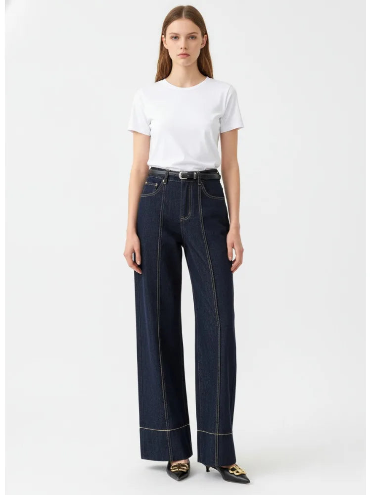 Missuoo 2026 Summer Women's Trendy Wide Leg Jeans Dark Blue High Waist Center Pleated Denim Pants with Contrast Stitching