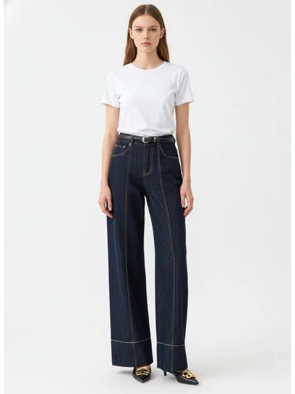 Missuoo 2026 Summer Women's Trendy Wide Leg Jeans Dark Blue High Waist Center Pleated Denim Pants with Contrast Stitching