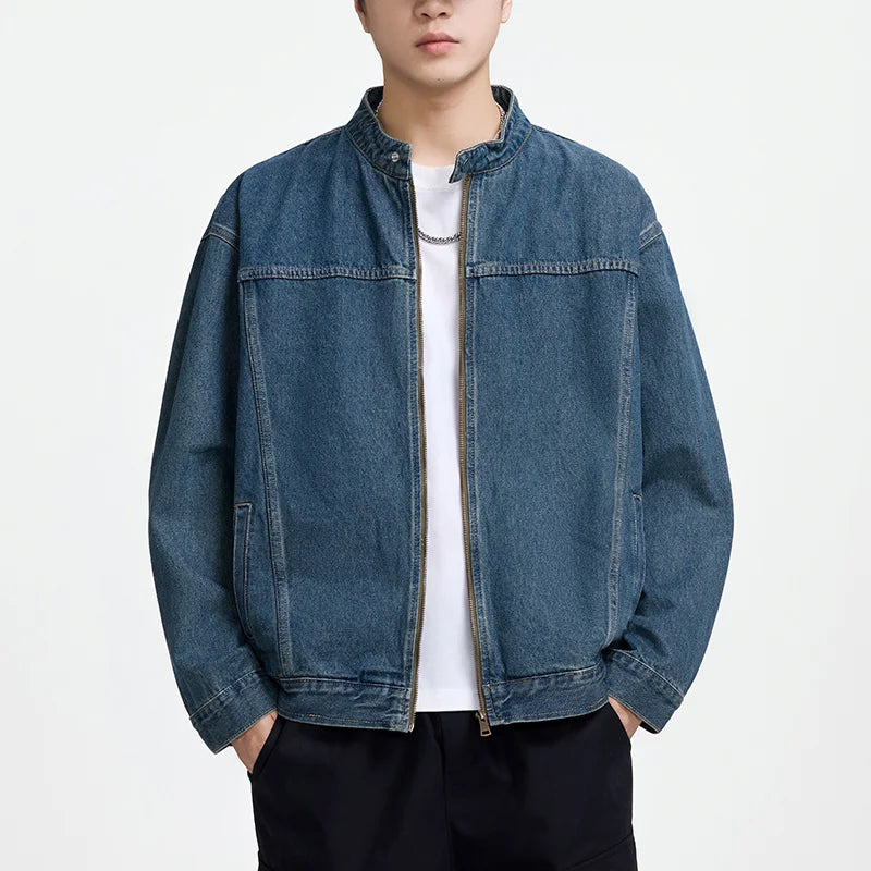 Men's Casual Non-Stretch Denim Jacket High Street Style Zipper Loose Workwear Jacket plus Size Trendy Streetwear Top