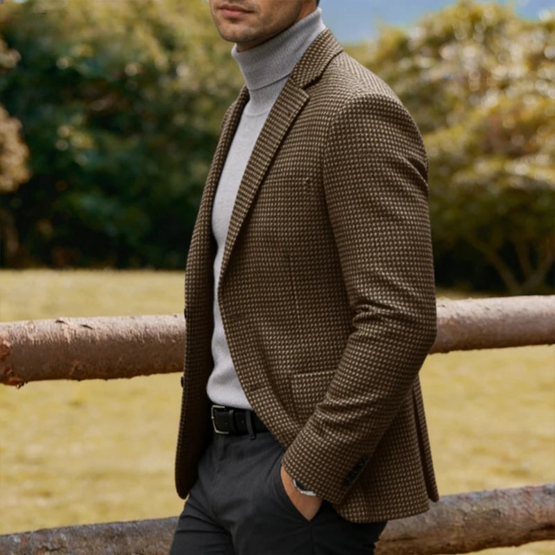 Men's Casual Blazer Houndstooth Wool Blend Suit Jacket Notched Lapel Slim Fit Business Formal Dress Sport Coat Outerwear