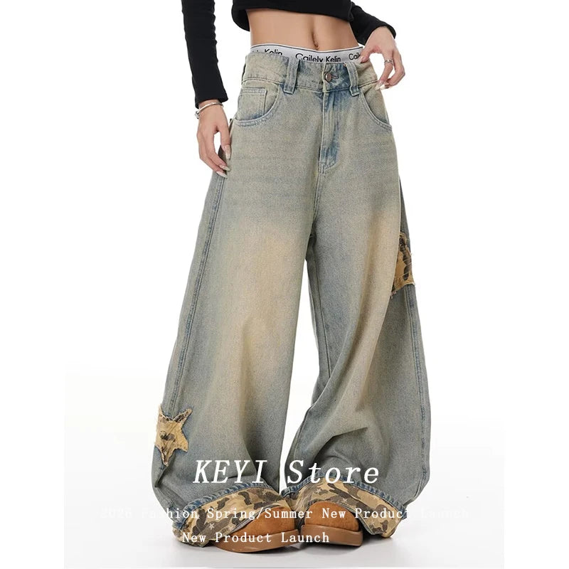 American Retro Y2K Style Star Patchwork Baggy Women's Jeans Pants  Clothing Washed Blue Wide Leg Loose Denim Trousers