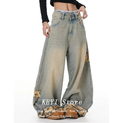 American Retro Y2K Style Star Patchwork Baggy Women's Jeans Pants  Clothing Washed Blue Wide Leg Loose Denim Trousers