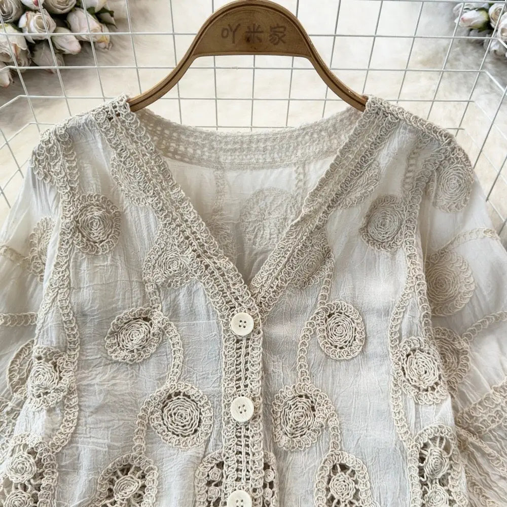 Embroidered Paisley Button-up Shirt Blouse Women's Cropchet Hollow-out Open-stitch Beach Cover-up