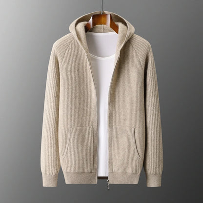 New Men's Thick Zipper Hoodie Cardigan100% Merino Wool Knitted Sweater Casual Loose Autumn/Winter Warm Hoodie Long Sleeve Jacket