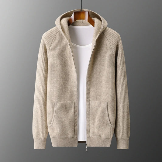 New Men's Thick Zipper Hoodie Cardigan100% Merino Wool Knitted Sweater Casual Loose Autumn/Winter Warm Hoodie Long Sleeve Jacket