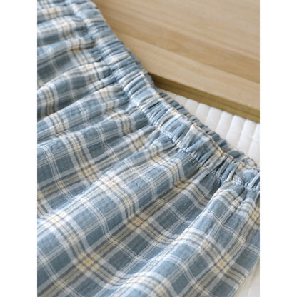 Men's 2-Piece Pajama Set - Plaid Sleepwear, Cotton Gauze Short Sleeve & Shorts, Lightweight & Breathable Relaxed Fit, S