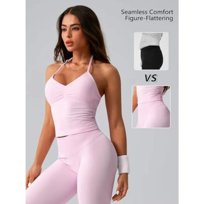2 Pcs Ribbed Seamless Workout Sets for Women No Front Seam High Waisted Yoga Leggings and Adjustable Halter Bra Work Out Set