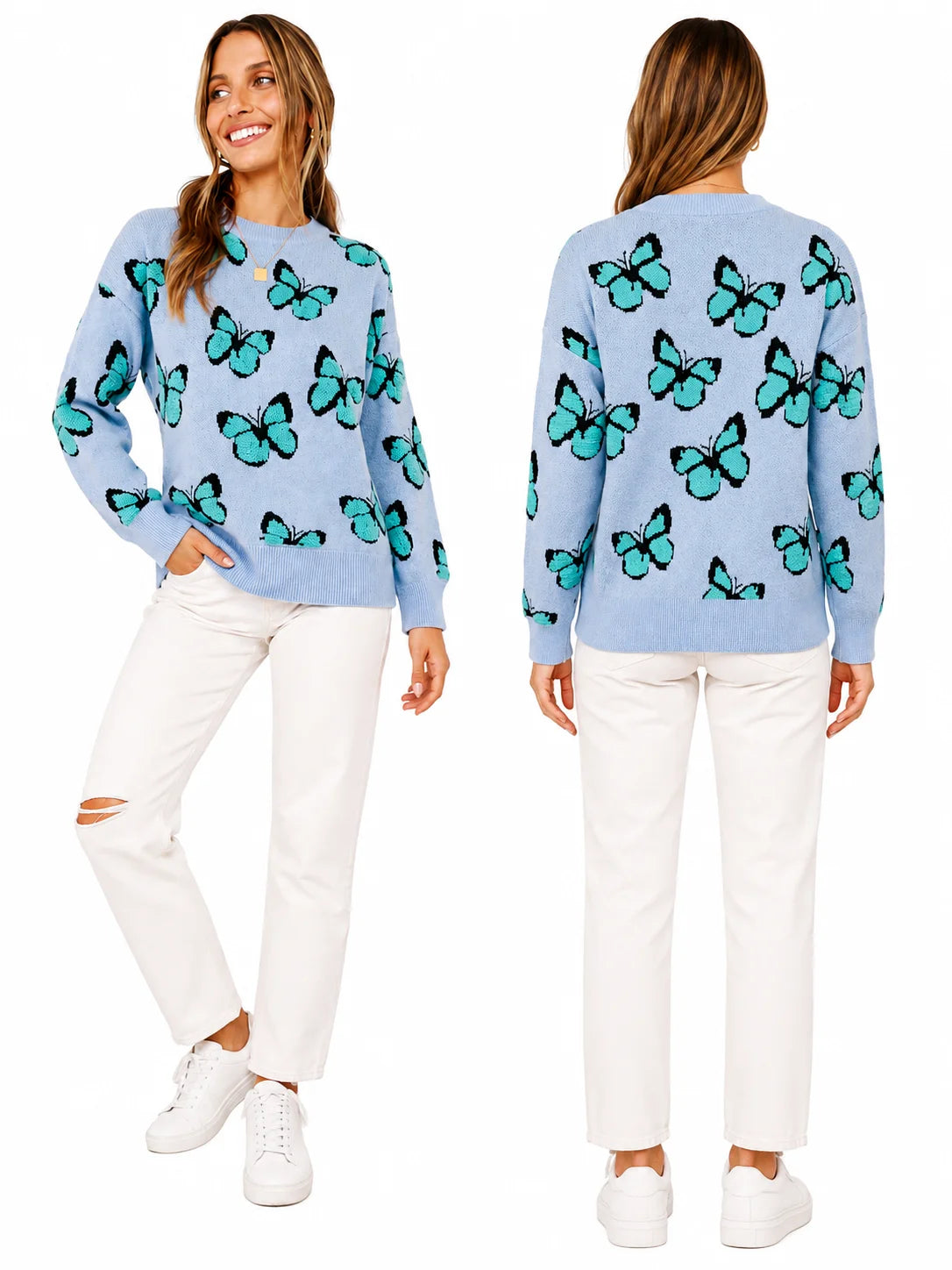 3D Flocking Butterfly Print Knit Sweater for Women Round Neck Drop Shoulder Long Sleeve Loose Pullover Casual Jumper Fall Winter Fashion Streetwear Tops