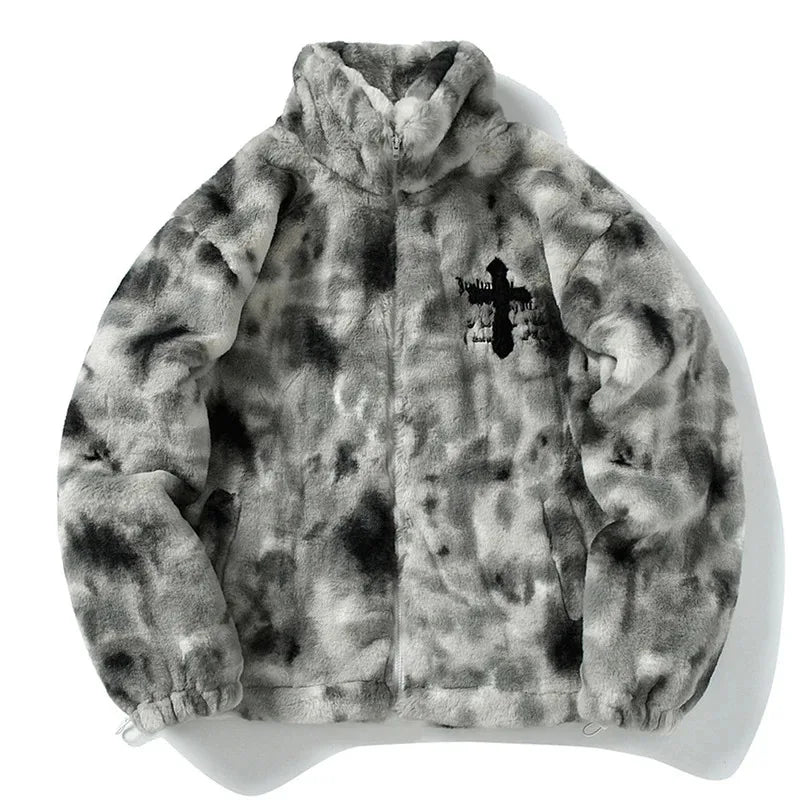 Streetwear Vintage Fleece Jacket Cross Embroidery Oversized Casual Fluffy Fuzzy Zipper Coat Harajuku Hip Hop Men Jackets 2023