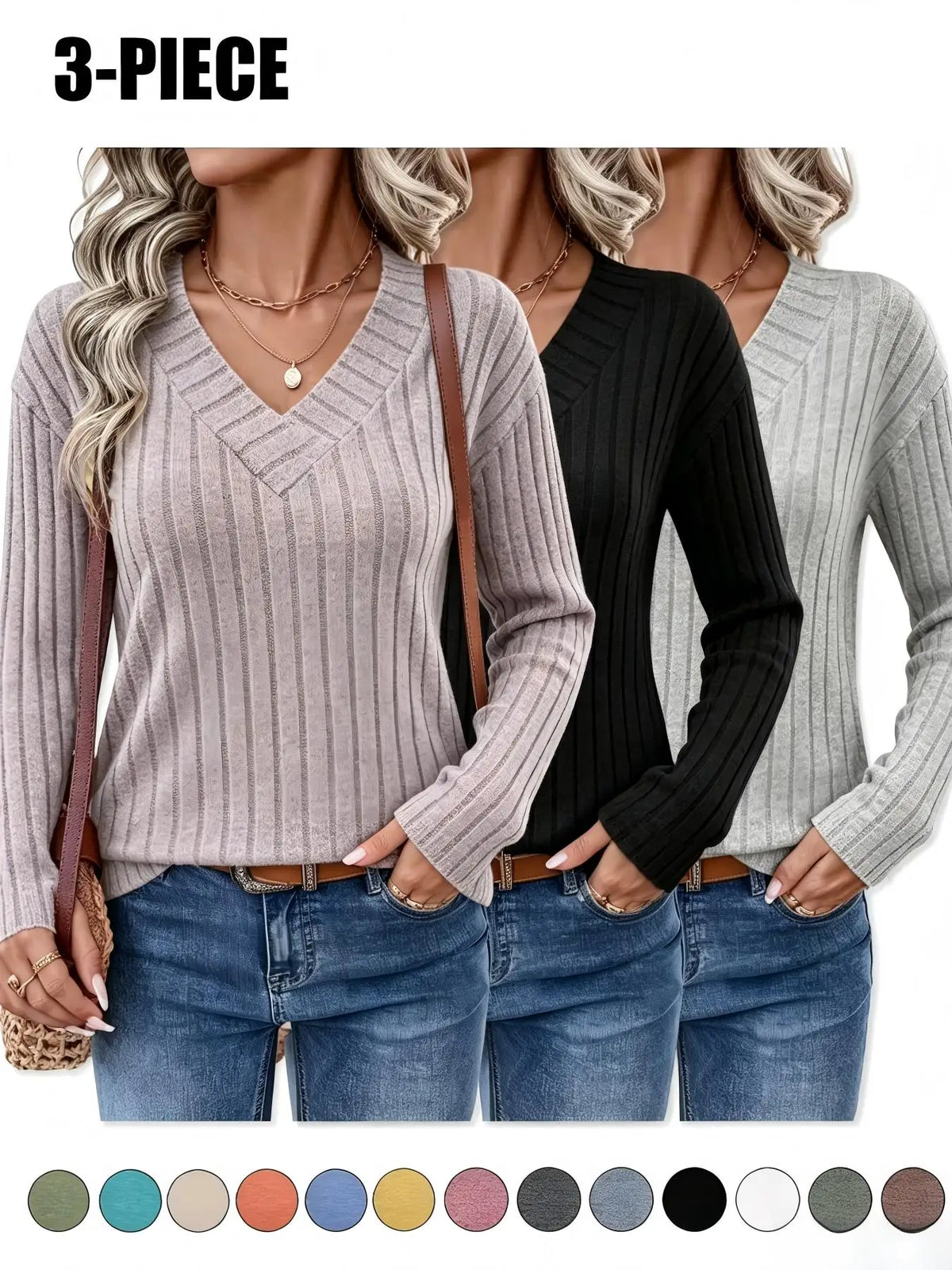 Women's 3-Pack Ribbed Knit V-Neck Sweaters Tops New Fall Fashion 2026 for Women
