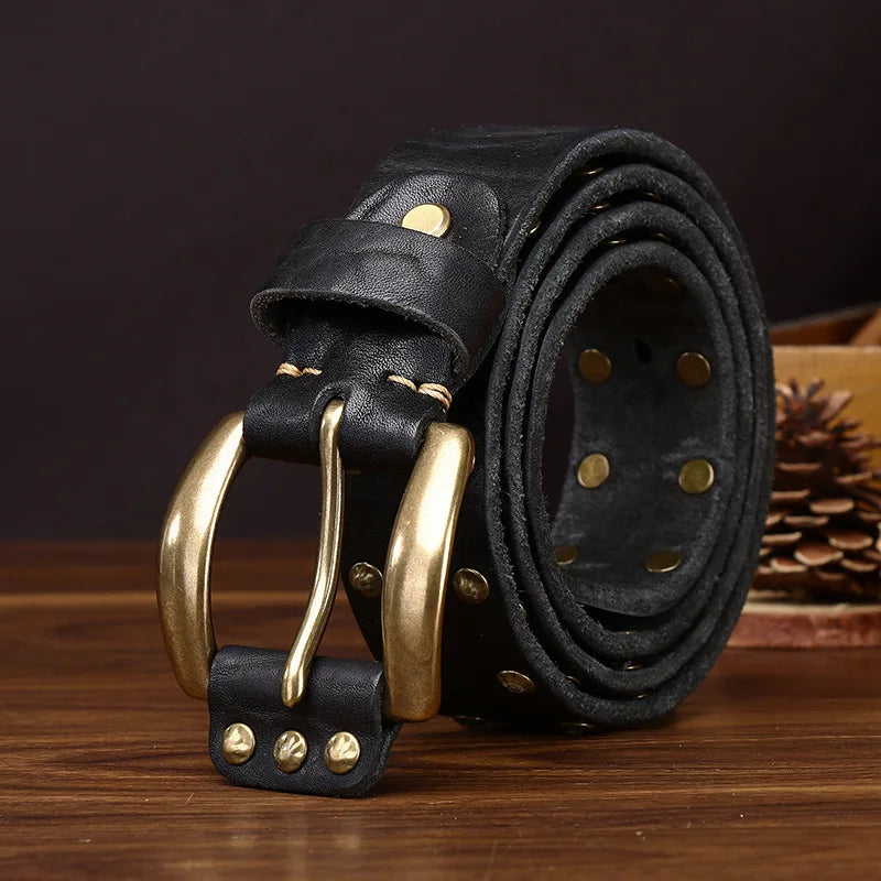Punk Trend Rivet Men Belt Thicken Genuine Leather Brass Pin buckle Washed Retro Distressed Pure Cowhide Personalized Denim Belt