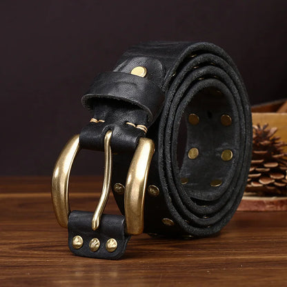 Punk Trend Rivet Men Belt Thicken Genuine Leather Brass Pin buckle Washed Retro Distressed Pure Cowhide Personalized Denim Belt