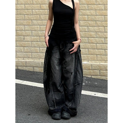 ZHIZOU Women Tomboy Dark Academia Baggy Low Rise Mom Jean Japanese Y2K Harajuku Denim Wide Leg Pants 2000s Cyber Punk Grunge