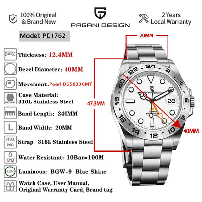 PAGANI DESIGN PD1762 Men’s Automatic Mechanical GMT Watch DG5833 Sapphire Crystal 10Bar Waterproof Stainless Steel Dual Time