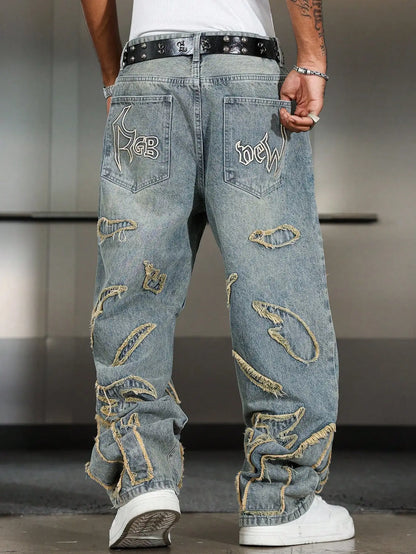 Men's Street Style Casual Patchwork Embroidered Frayed Hem Macau Blue Denim Jeans Trendy Loose Fit Straight Leg Pants