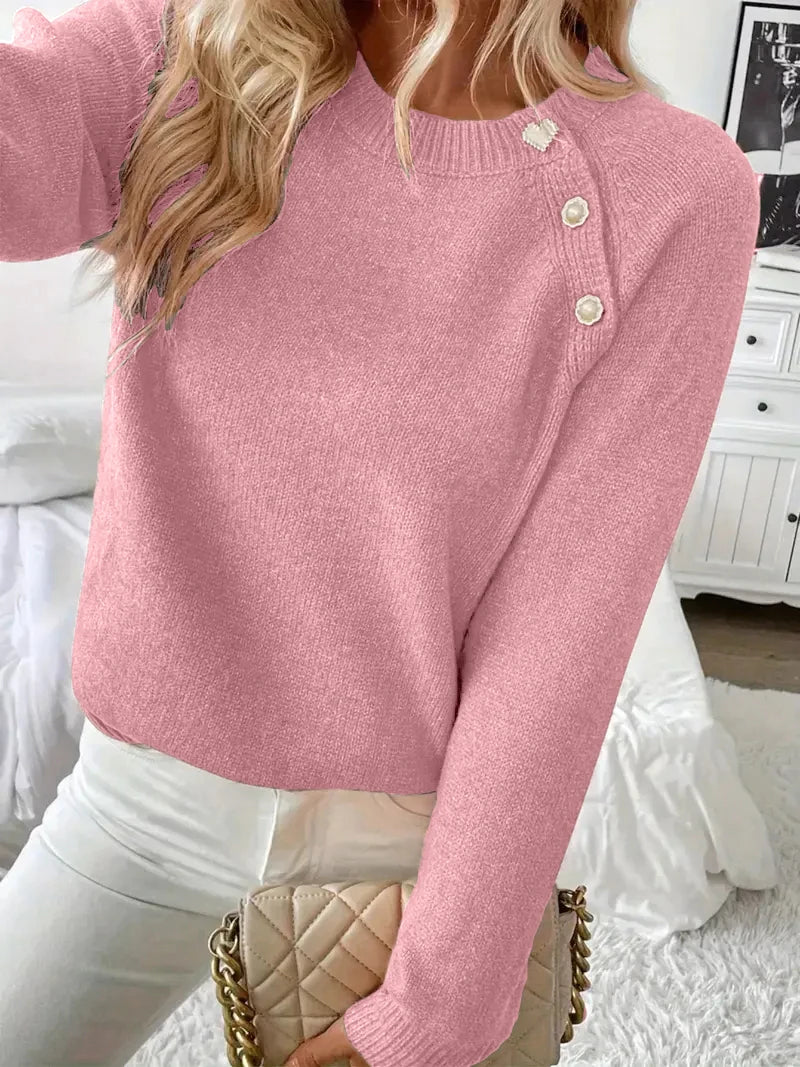Women Asymmetrical Gold Button Crew Neck Knit Sweater, Soft Solid Long Sleeve Casual Pullover Jumper For Spring Autumn Daily Wear