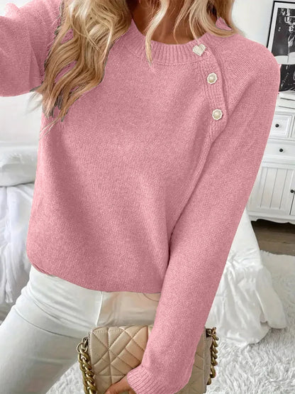 Women Asymmetrical Gold Button Crew Neck Knit Sweater, Soft Solid Long Sleeve Casual Pullover Jumper For Spring Autumn Daily Wear
