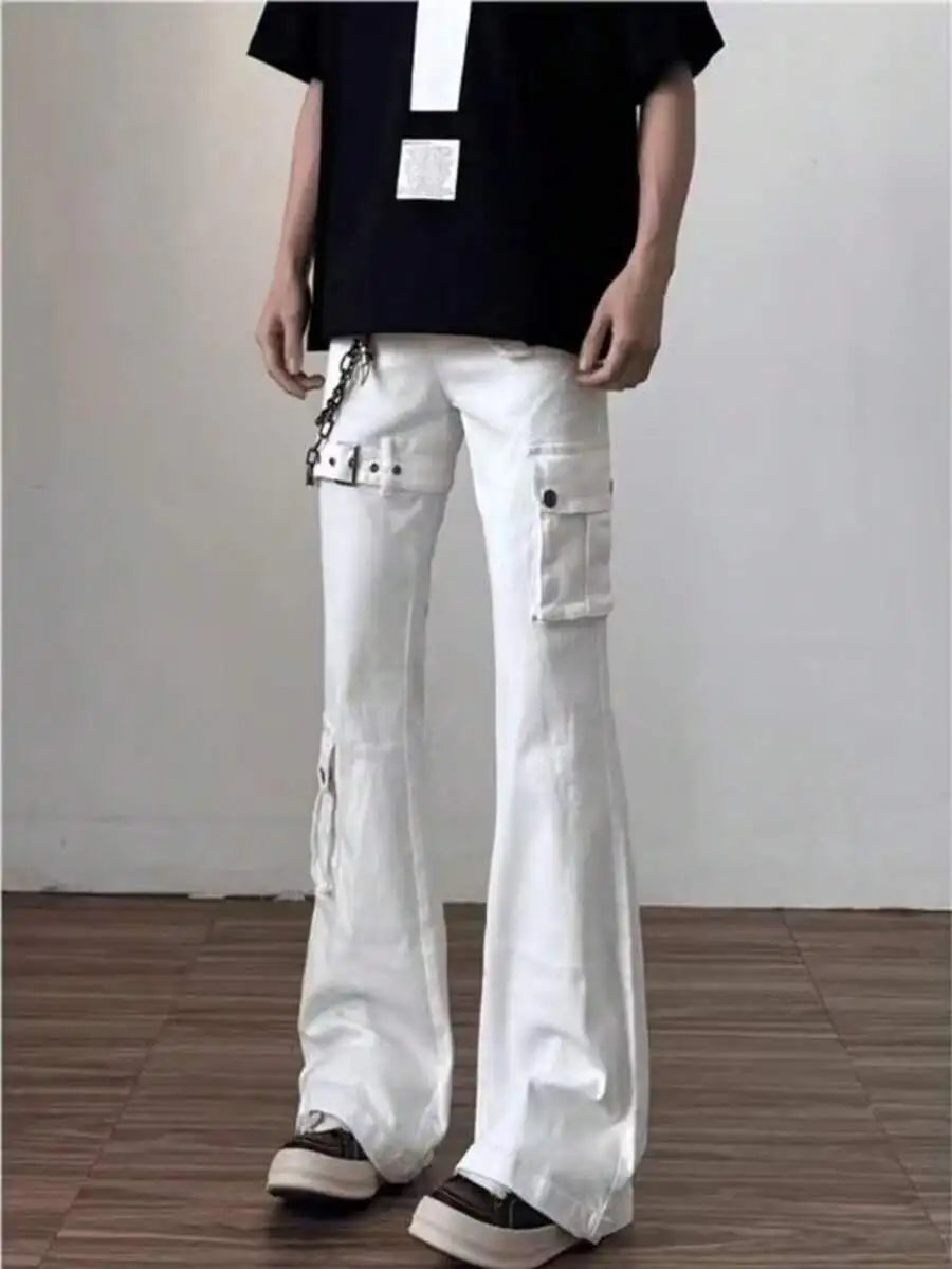 Mens White Cargo Jeans High Waist Wide Leg Flared Work Pants Casual Denim