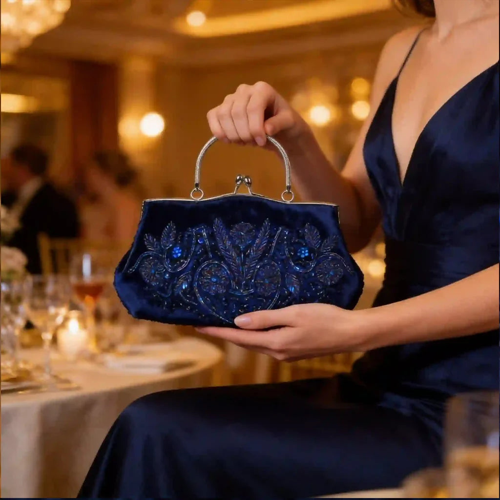 Evening Clutch Bag Handmade Beaded Floral Party Purse with Kiss Lock & Strap Glass Beads Polyester Blue Purple Grey