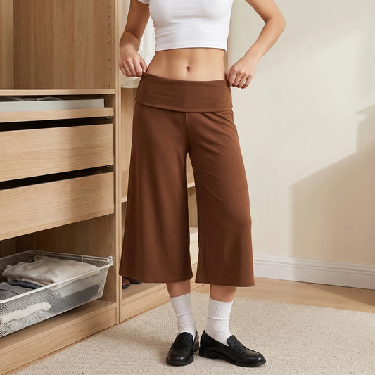 Women Vintage Fold Over Waist Gaucho Pants Low Rise Cropped Wide Leg Capri Pants y2k Foldover Culottes Yoga Pants Pajama Bottoms
