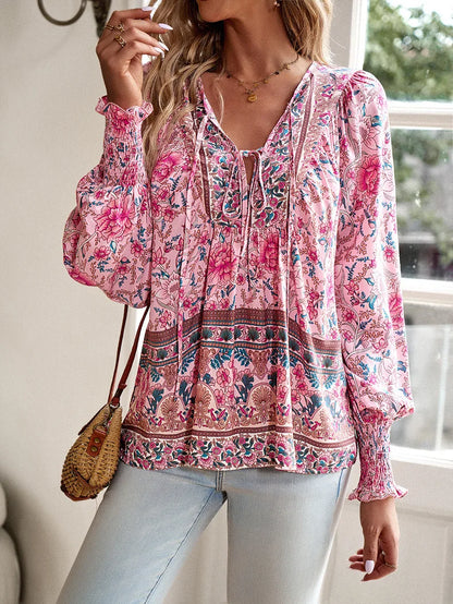 Ladies Bohemian Floral Print Long Sleeve Tops V Neck Tie Front Smocked Cuff Casual Peplum Blouse