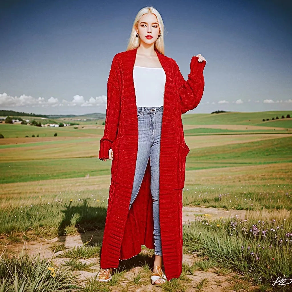 Women's solid-color textured drop-shoulder pocket long cardigan, a casual long-sleeved knitted garment suitable for autumn and winter,