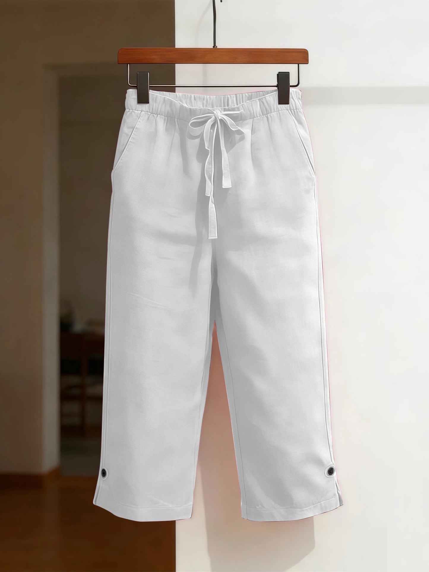 Women's Solid Color Cotton Linen Loose Fit Capri Pants with Belt and Multiple Pockets Front and Back