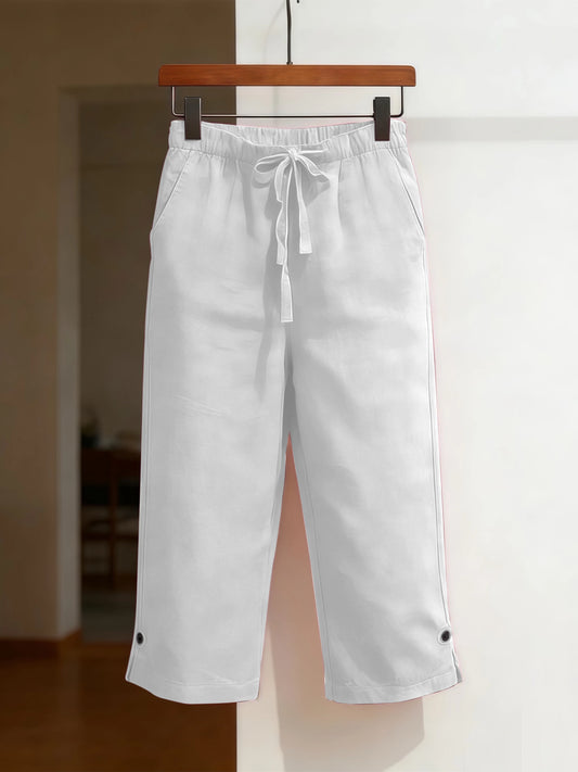 Women's Solid Color Cotton Linen Loose Fit Capri Pants with Belt and Multiple Pockets Front and Back