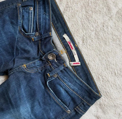 Women Retro Pants Basic Slim Fit Deep Blue Bootcut Jeans Casual Low Waist