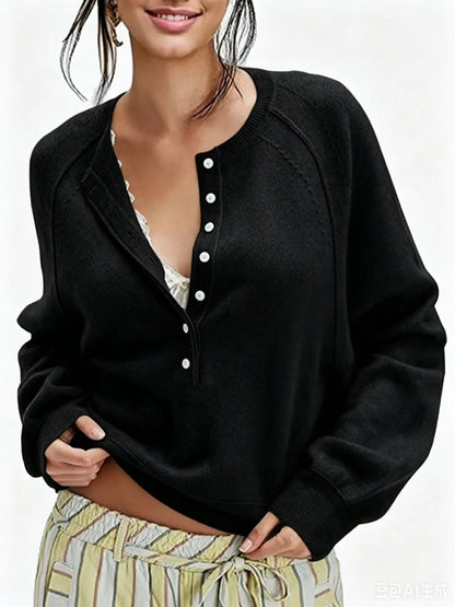 Women's Long-Sleeve Knitted Sweater, Half-Button Design, Henley Collar, Casual Style, lightweight Material, Solid Color Pullover Knitwear.
