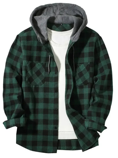 2026 Men's Flannel Shirt Jackets Classic Plaid Loose Casual Hooded Coats Double Pockets Button-up