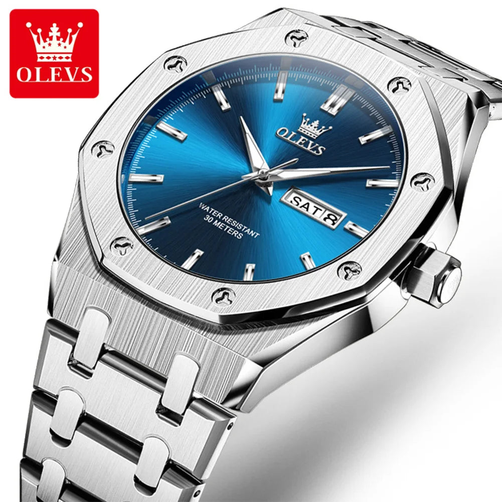 OLEVS Watches For Men Stainless Steel Strap Waterproof Luminous Dual Calendar Business Wristwatch Original Quartz Man Watch 3726