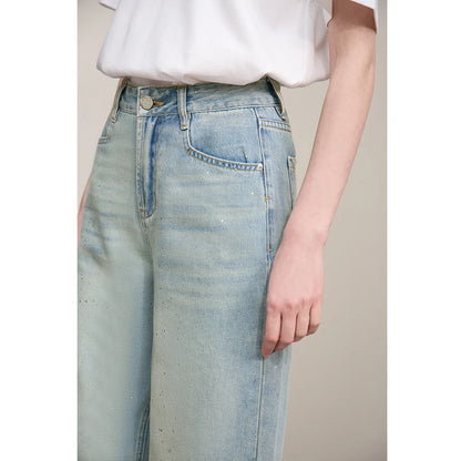 Amii Women's Jeans 2026 Summer New Casual Cotton Wide Leg Pants Silver Foil Print Versatile Loose Fit Denim Trousers 12652046