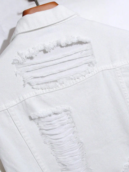 Men's denim jacket for spring and autumn. White denim ripped jacket. Street trend fashion. Daily casual.